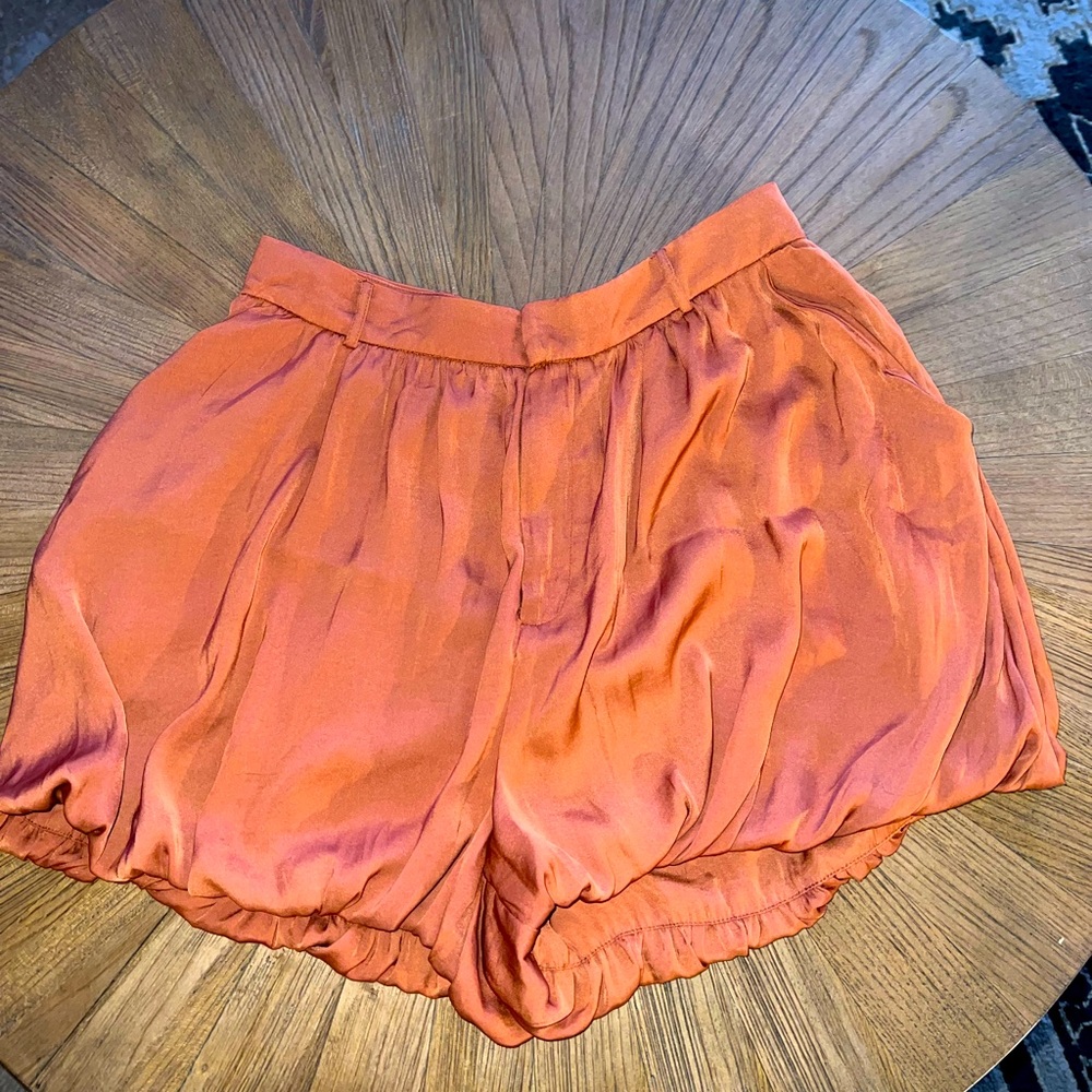 Free People Satin Bubble Hem Burnt Orange High Waist Shorts M